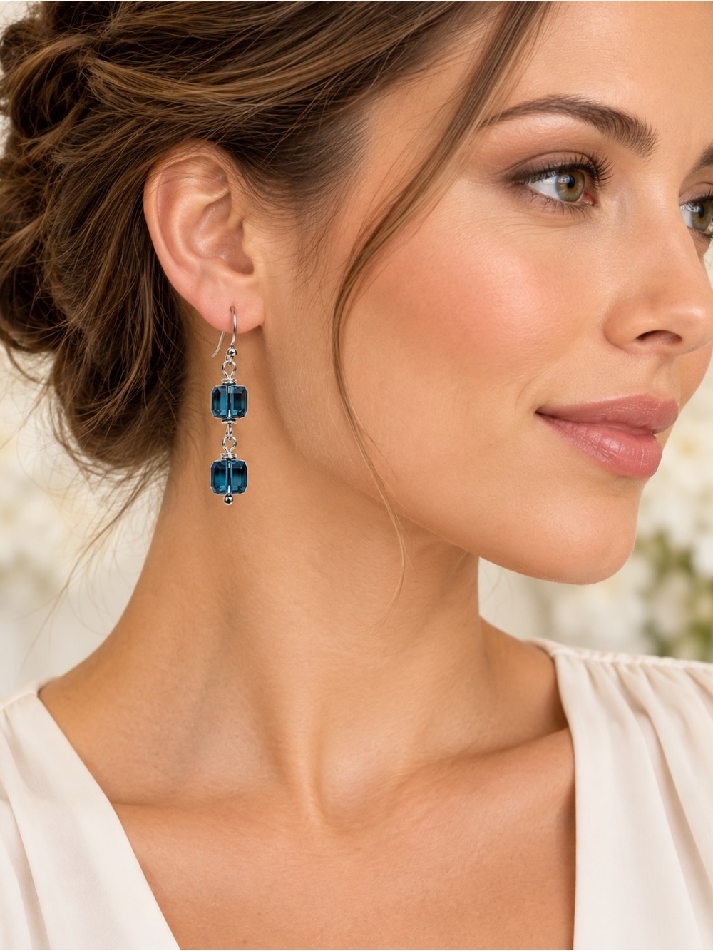 Handmade Swarovski Montana Blue Cube Crystal Silver Drop Earrings